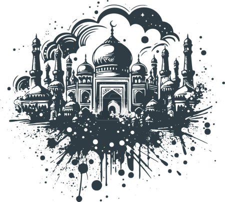 a blot with splashes and streaks that depicts a temple with towers and domes in a vector illustration