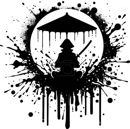 girl in the lotus position with a sword under an umbrella in a circle blot abstract vector stencil