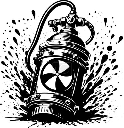 a fire extinguisher stands sideways in a blot with flying spray in a vector stencil art drawing  : English