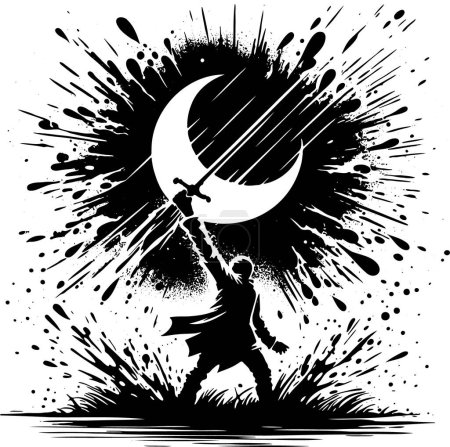 ein Mann mit erhobenem Schwert in der Hand vor dem Hintergrund des Mondes in einer abstrakten Vektorillustration
