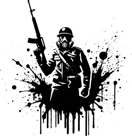 Téléchargez les illustrations : Un soldat dans un casque et un masque à gaz avec une main levée tenant une mitrailleuse - en licence libre de droit
