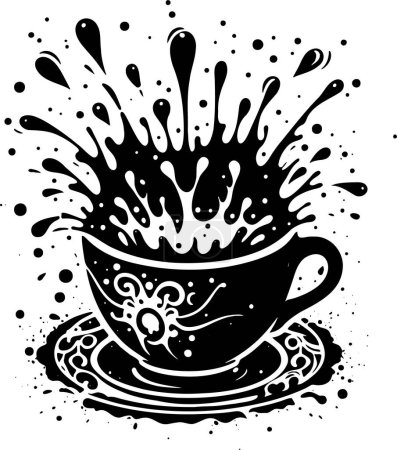 Illustration for Abstract cup on a plate with an explosion of splashes and like a stencil blot - Royalty Free Image