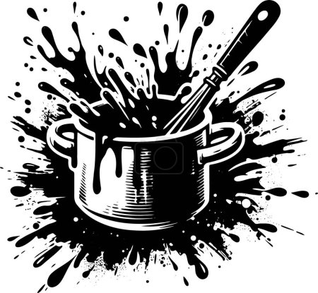 abstract drawing of a stainless steel pan in which the contents are whisked with flying splashes