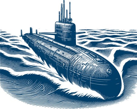 submarino navegando sobre las olas dibujando en estilo grabado