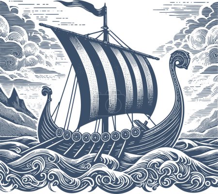 Vintage wooden sailing ship engraving in vector format