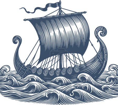 Antikes hölzernes Segelboot in Vektorgravur dargestellt