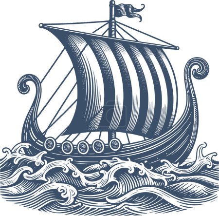 Nautical woodcut of an ancient sailing ship in vector