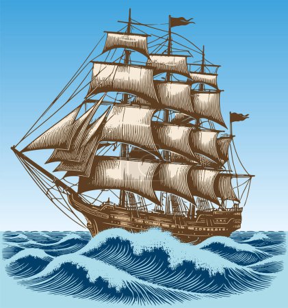 Gravure vectorielle d'un navire militaire vintage en bois naviguant avec des voiles gonflantes