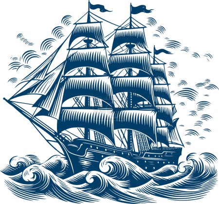 Ilustración de Representación vectorial de un buque de guerra tradicional de madera con velas extendidas en el mar como un grabado de los viejos tiempos - Imagen libre de derechos