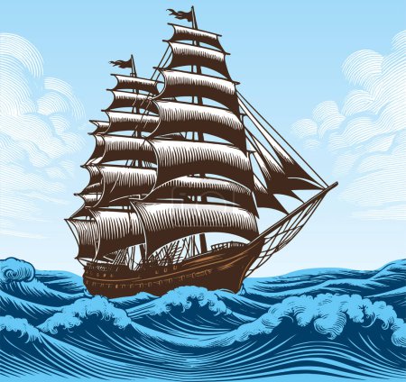 Graphique vectoriel d'un navire militaire vintage en bois naviguant avec des voiles libérées, rappelant une gravure