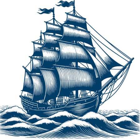 Ilustración de Gráfico vectorial grabado que representa un barco militar de madera clásico navegando con velas completas - Imagen libre de derechos