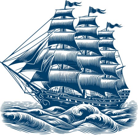 Ilustración de Vintage estampado en madera de un buque militar de madera con velas abiertas navegando sobre las olas en vector - Imagen libre de derechos