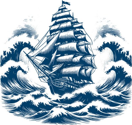 an ancient wooden warship with spread sails sails on a very stormy sea with giant waves as a vector engraving
