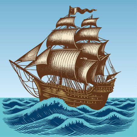 Antique style vector illustration of a wooden naval ship with unfurled sails on its voyage
