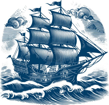 Ilustración de Grabado en madera antiguo de un viejo buque de guerra de madera con velas desplegadas navegando por el mar en formato vectorial - Imagen libre de derechos