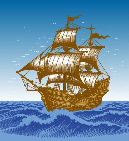 Ilustración de Representación vectorial grabada de un buque de guerra clásico de madera con velas desplegadas navegando por el océano - Imagen libre de derechos