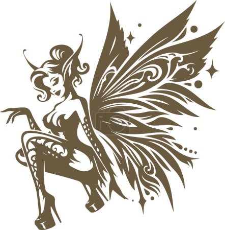 Pin up style vector graphic featuring a captivating young fairy with wings