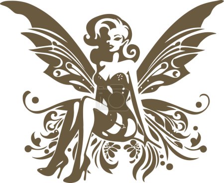 Stencil vector graphic of an enchanting fairy in pin up style with wings