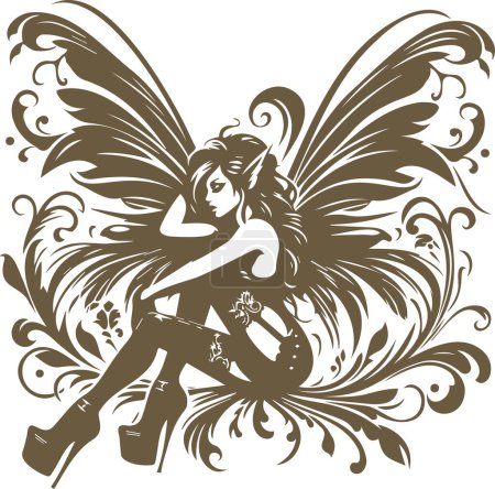 Vector graphic depicting a glamorous young fairy with wings in pin up fashion