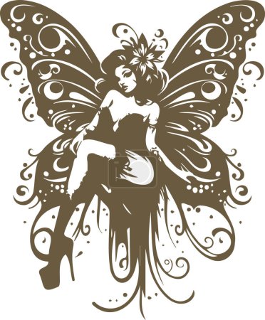 Vector stencil of a beautiful young fairy with wings in pin up style