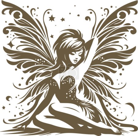 Vector stencil of a beautiful young fairy with pin up style wings