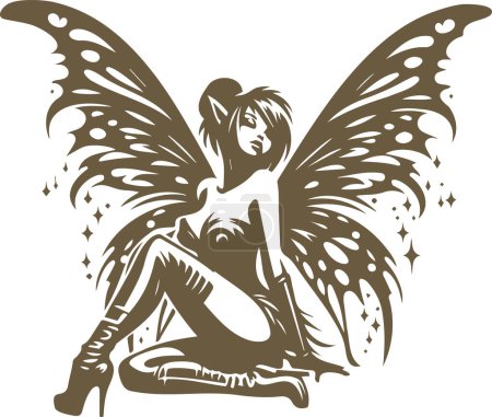 beautiful young fairy with wings in pin up style as a vector stencil drawing