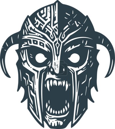 Pochoir vectoriel minimaliste d'un masque de combat féroce des tribus antiques