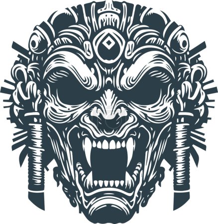 Représentation vectorielle d'un masque tribal menaçant au design minimaliste