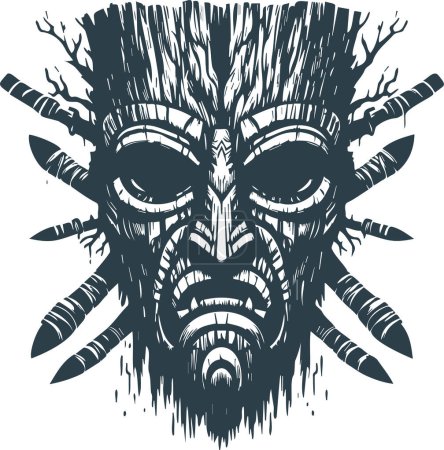 fighting terrifying mask of ancient tribes vector stencil drawing in minimalist style