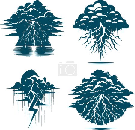 Thundercloud with a strong lightning bolt in vector stencil style