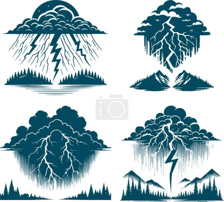 Downward lightning from a storm cloud in vector stencil design