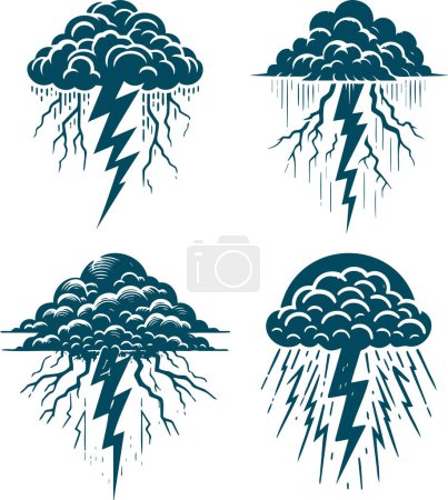 Powerful thundercloud with lightning in vector stencil