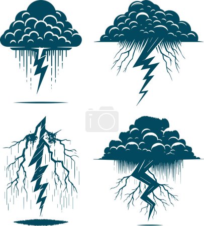 Fierce thunderstorm with lightning from a cloud in vector stencil