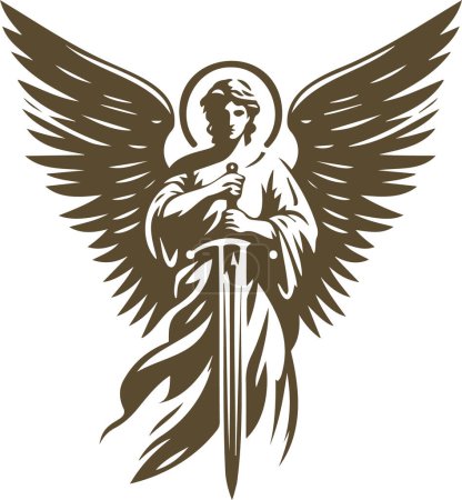 heavenly angel with sword simple vector stencil drawing