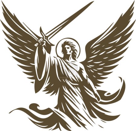 Vector stencil of a heavenly angel armed with a sword