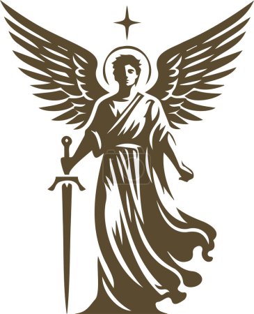 Engel mit Schwert im minimalistischen Vektorschablonen-Format