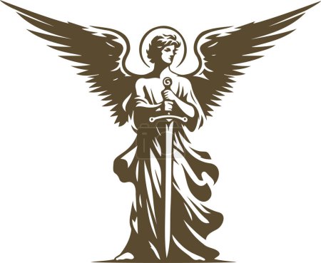 Figura angelical sosteniendo una espada en formato de plantilla vectorial