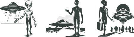 an alien offers to take a ride with him in a flying saucer vector stencil
