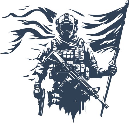 Modern soldier in full equipment with a flag in vector stencil