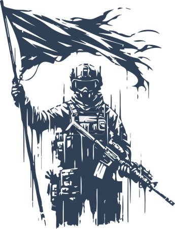 Soldier holding a flag in full equipment vector stencil