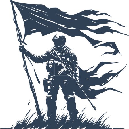 Soldier with weapon and flag in vector stencil artwork