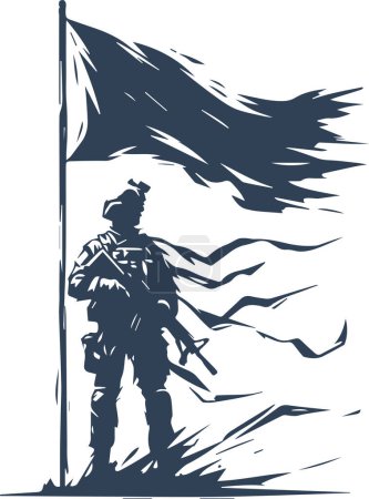 Armed soldier in full gear beside a flowing flag in vector stencil