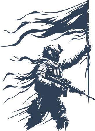 Fully equipped soldier holding a flag in vector stencil art