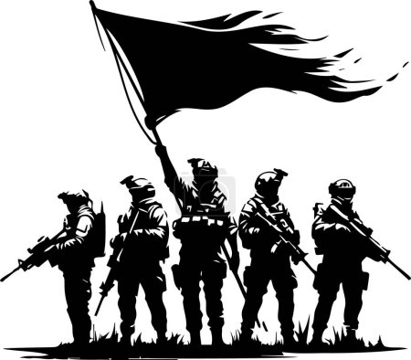 modern soldiers raising their victory flag high in vector stencil illustration
