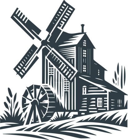 Ilustración de Representación vectorial de un antiguo molino de viento rural - Imagen libre de derechos