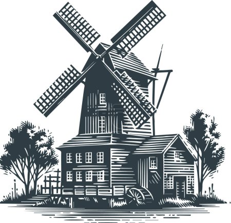 Vector stencil art of a countryside mill