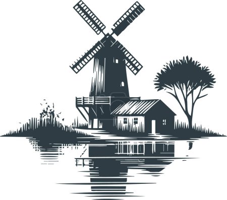 Ilustración de Molino de viento vintage en dibujo vectorial - Imagen libre de derechos