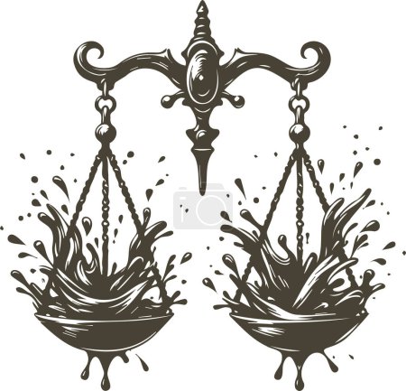 Antique scales with splashes in dishes vector stencil drawing