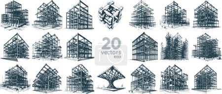 3D metal concrete frame of a building in a collection of vector sketch drawings