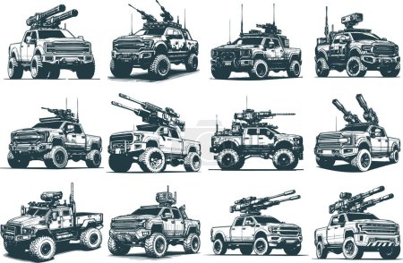 camioneta militar moderna grande con colección de armas montadas de dibujos de bocetos vectoriales